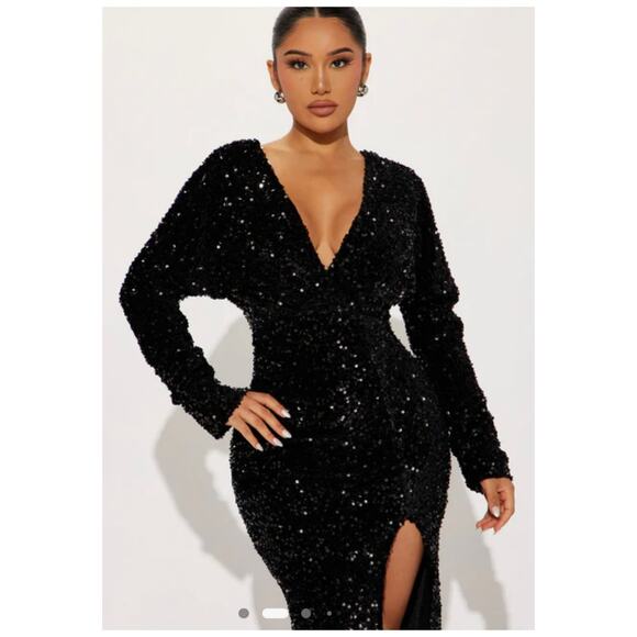 Fashion Nova One and Only Sequin Velvet Gown in Black Size Large NWOT - Picture 2 of 16